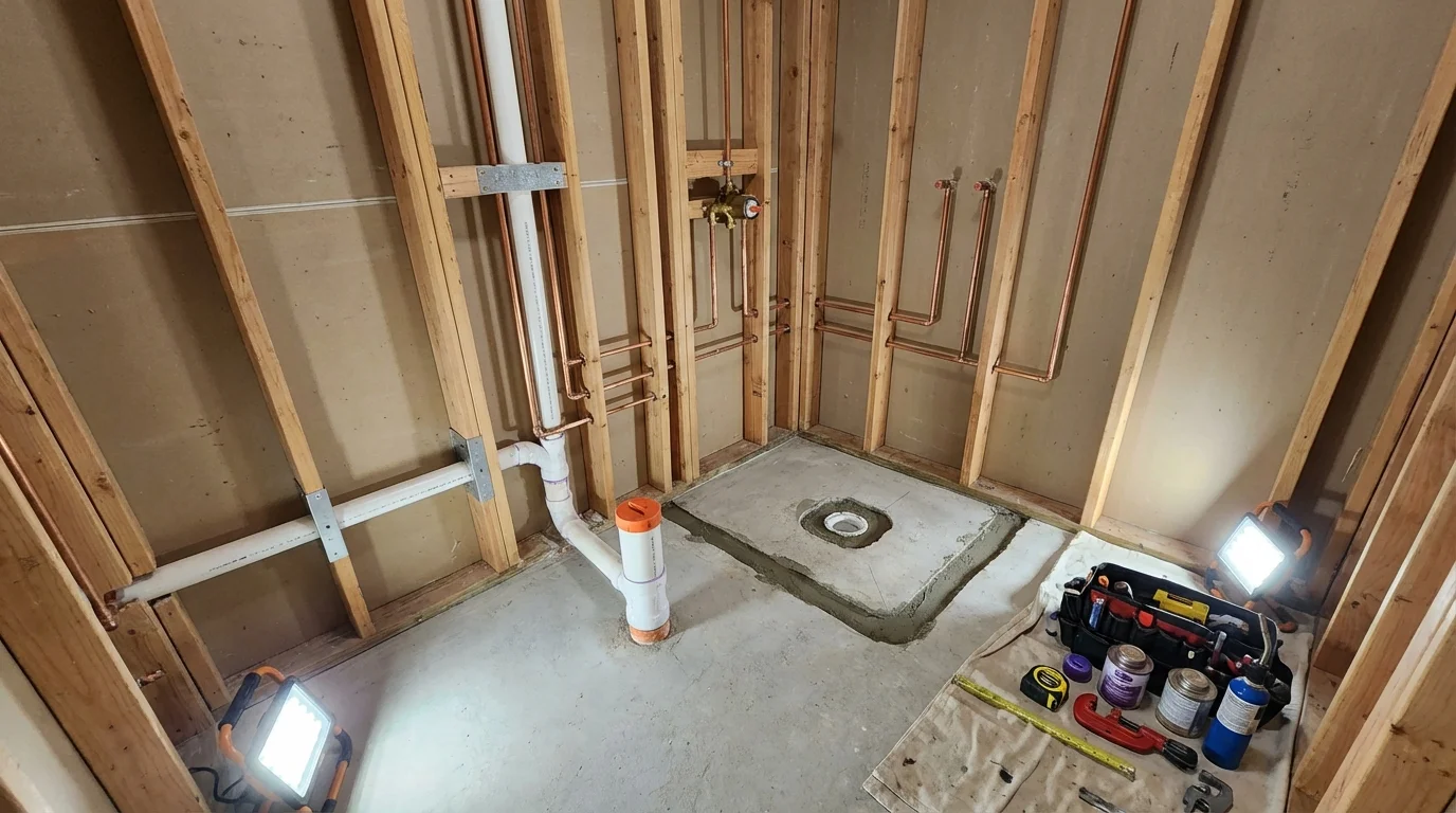Bathroom rough-in plumbing during remodel by Johns Plumbing LLC in Stamps