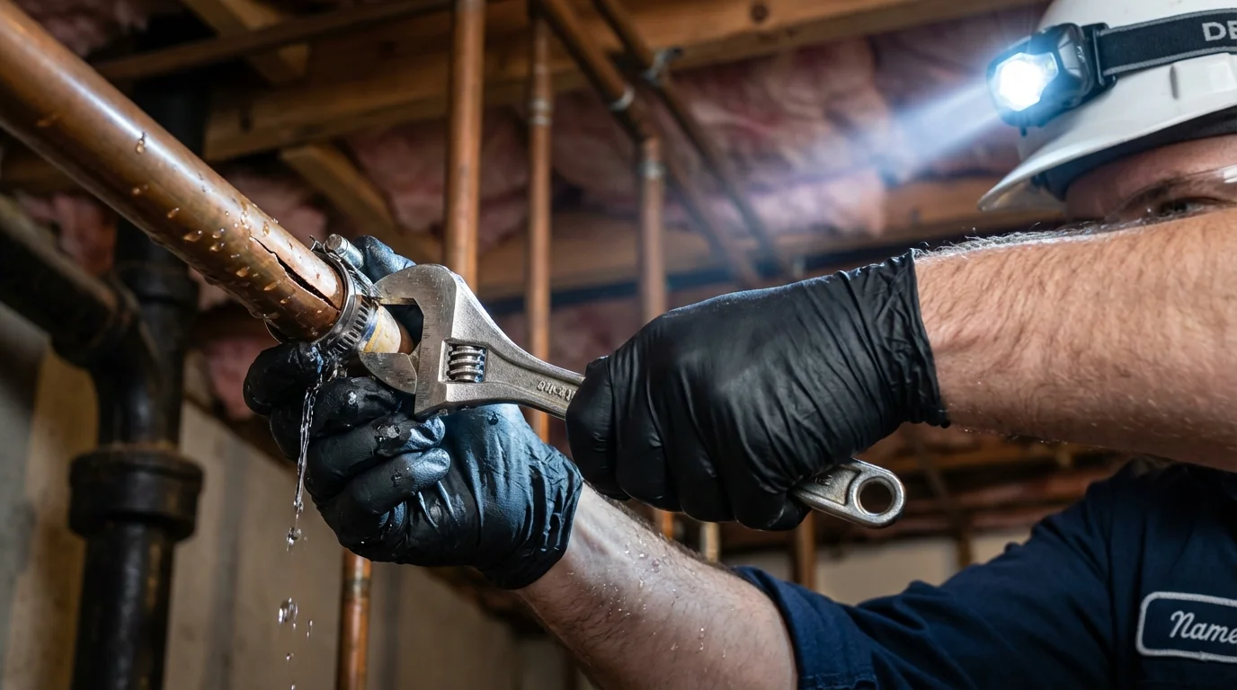 Emergency pipe clamp repair being performed by a Johns Plumbing LLC plumber in Stamps
