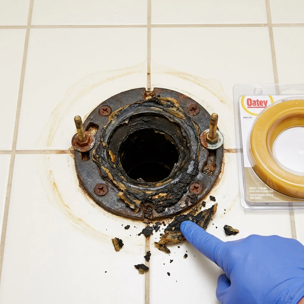 Failed wax ring showing water seepage at the base of a toilet in a Stamps, AR home