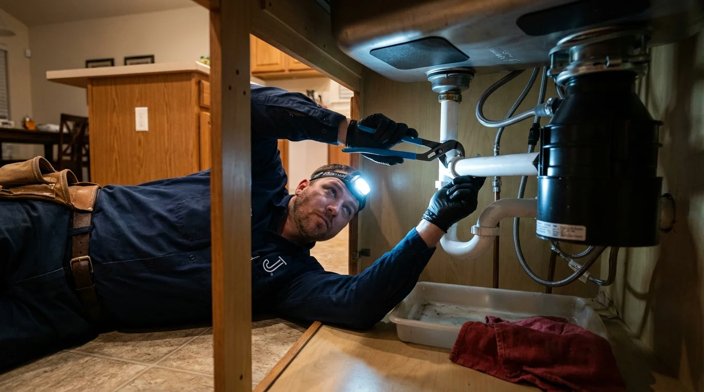 P-trap and supply line connections under a kitchen sink showing a common leak point in Stamps, AR